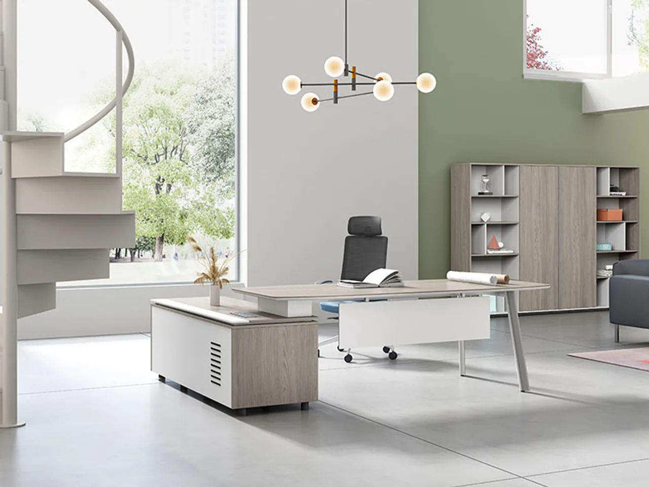 Minimal KANO executive office — wood-veneer desk, white task chair, full-height glazing and integrated lit storage