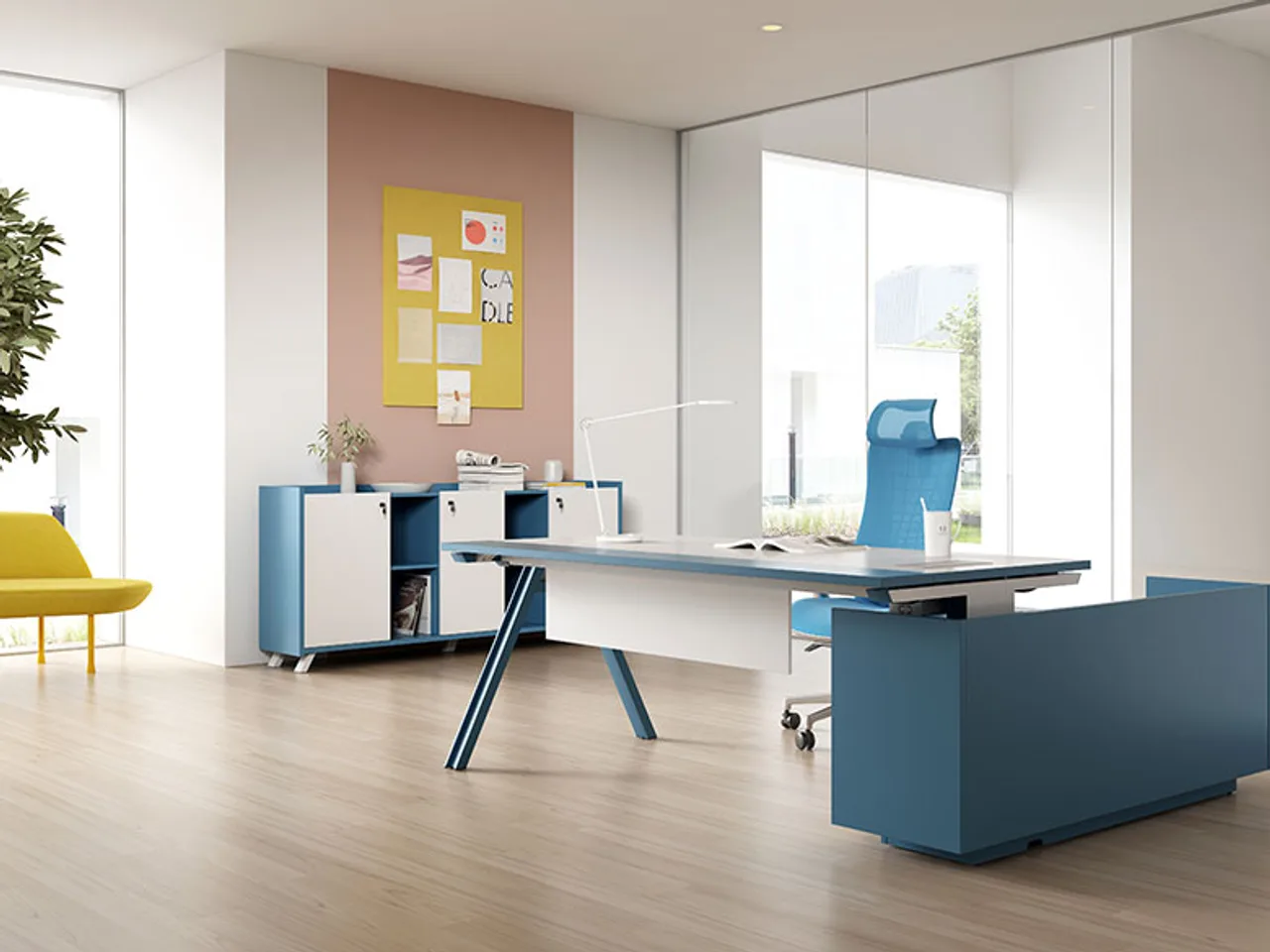 Blue-accent KANO workspace with bench desk, storage credenza and lounge seating, an OEM project